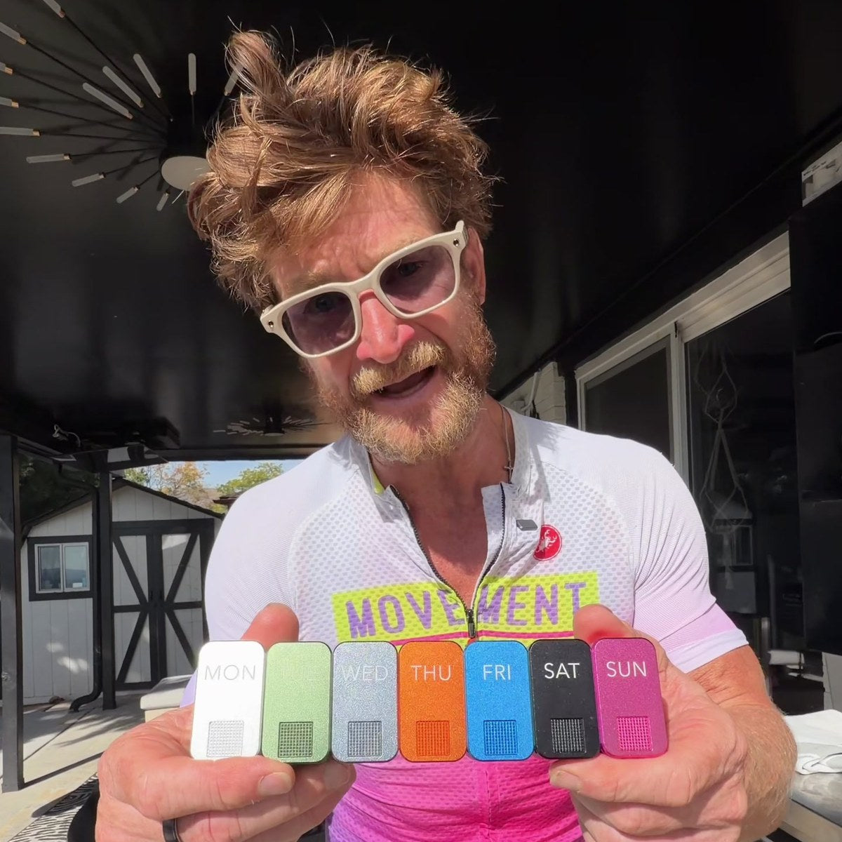 Eric Hinman in his Movement is Medicine riding kit holding his full MagNano week